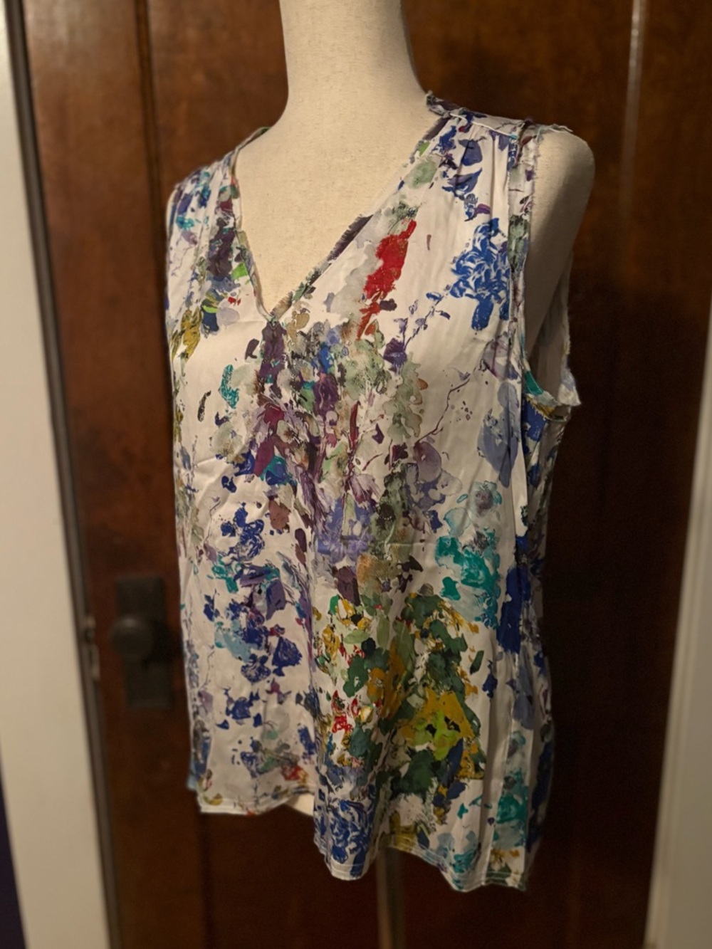 Go> by GoSilk 100% Washable Silk V-Neck Sleeveless Blouse - Abstract Watercolor